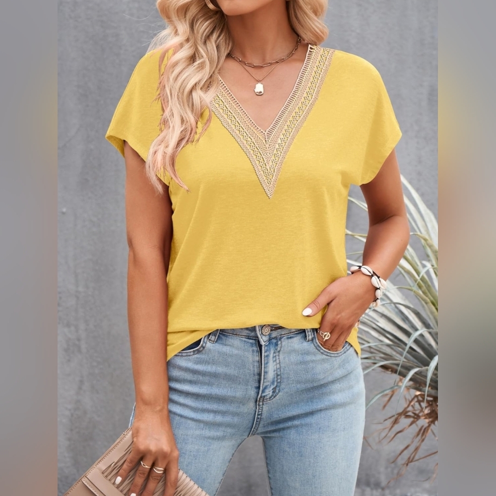 MEROKEETY Women's Casual Cap Sleeve Lace Trim V Neck Tops  Loose Tee XL